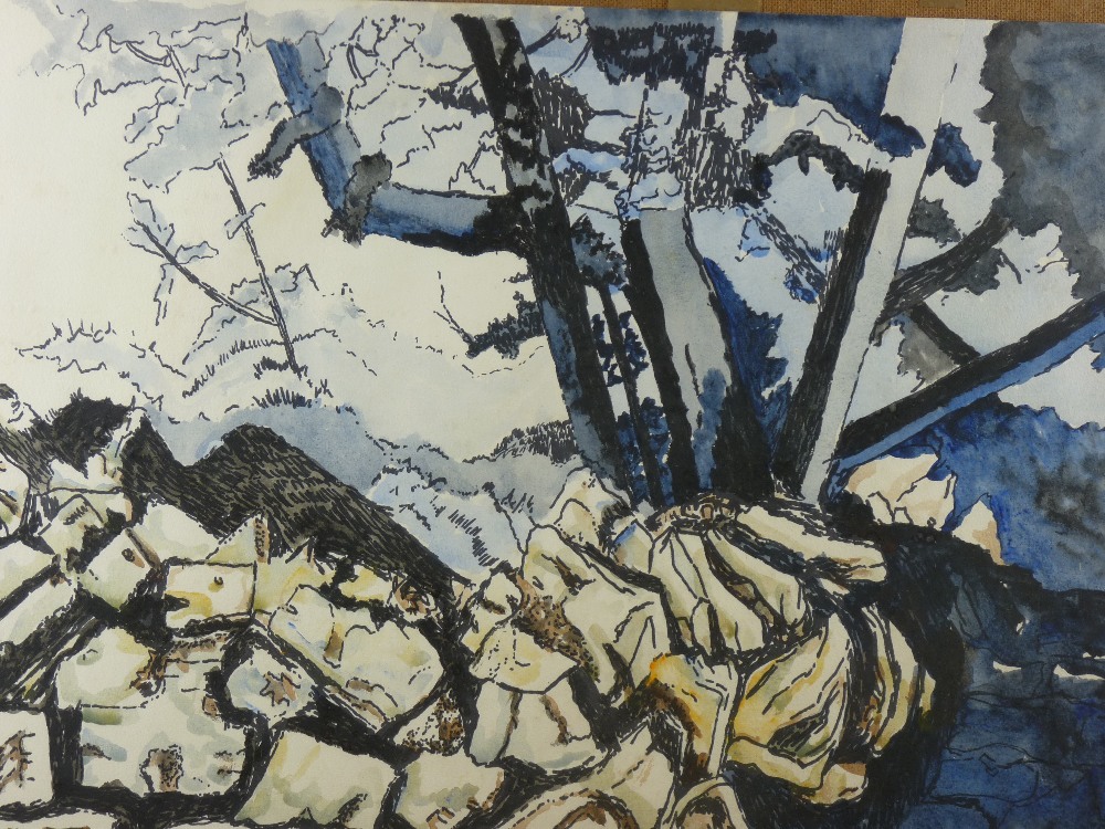 GOMER LEWIS mixed media - rocks and trees, signed, 49 x 68 cms