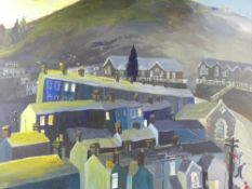 NICK HOLLY acrylic on canvas - South Wales townscape at night with figures in the street, signed, 80