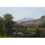 GEORGE R TURNER oil on board, unframed - river scene with figure on rocks, signed verso with
