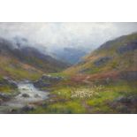 WILLIAM ALFRED ELLEBY oil on board - river valley near Dolwyddelan with sheep and drover, signed and