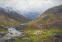 WILLIAM ALFRED ELLEBY oil on board - river valley near Dolwyddelan with sheep and drover, signed and