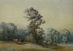 THOMAS BAKER (of Leamington) watercolour - woodland setting with cattle grazing, signed and dated