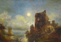 WILLIAM JOSEPH J C BOND oil on panel - moonlit castle turret with boat on a lake, signed and