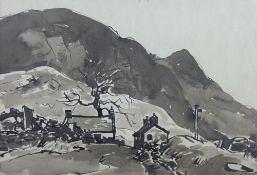 SIR KYFFIN WILLIAMS RA colourwash, folded in half - Snowdonia landscape with cottages, signed, 29