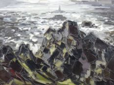 DAVID SMITH oil on canvas - stormy coastal scene with lighthouse or beacon, entitled verso 'Point du