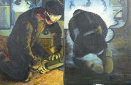 CARL F E HODGSON oils on canvas on stretchers, unframed, a pair - each a study of welders at work,
