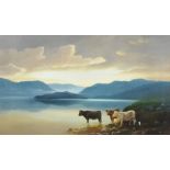 THOMAS FINCHETT oils, two - 1. Pen-y-Parc, Nant Gwydyr, Llanrwst with three cattle watering (