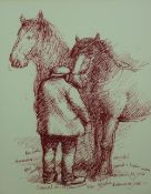 ANEURIN M JONES mixed media - farmer and his two horses entitled 'Dyn Gyffylau' and signed with