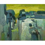 JOHN ELWYN oil on canvas - alleyway scene with woman and basket of washing, signed front and verso