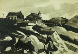 SIR KYFFIN WILLIAMS RA colourwash - Caernarfonshire hillside cottages, signed with initials and