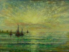EDWARD (TED) DUMMETT oil on board - sunset seascape with numerous yachts, signed and entitled