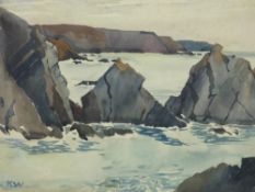In the manner of SIR KYFFIN WILLIAMS RA watercolour - rocky coastalscape, Pembrokeshire or Anglesey,
