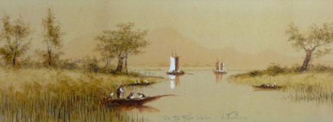 A TURNER watercolour - riverscape with boats and figures, signed and entitled 'On the River