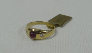 18ct GOLD BAND RING set with cabochon stone and two diamonds, 2.6gms, purchased in 2001 for £430