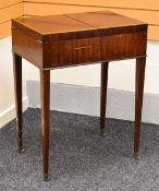 ANTIQUE MAHOGANY VANITY CABINET-TABLE, the top split into two hinging lids opening to reveal an