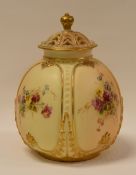 ROYAL WORCESTER BLUSH IVORY POT-POURRI & COVER having a four-panelled body painted with flowers,