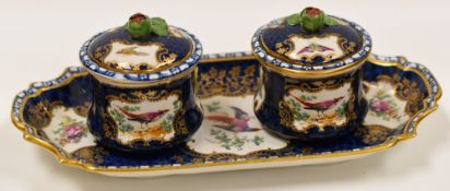 A SEVRES OR SEVRES-STYLE ENGLISH PORCELAIN INKSTAND the stand of shaped dish form with two