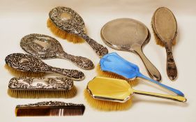 PARCEL OF NINE PART-SILVER DRESSING TABLE ITEMS including two guilloche enamel back brushes