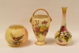 THREE ROYAL WORCESTER BLUSH IVORY ITEMS being a small globular vase painted with a robin, a floral