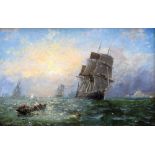 WILLIAM CALCOTT KNELL oil on canvas - galleons at sea, signed, 18 x 28 cms