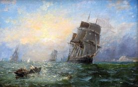 WILLIAM CALCOTT KNELL oil on canvas - galleons at sea, signed, 18 x 28 cms