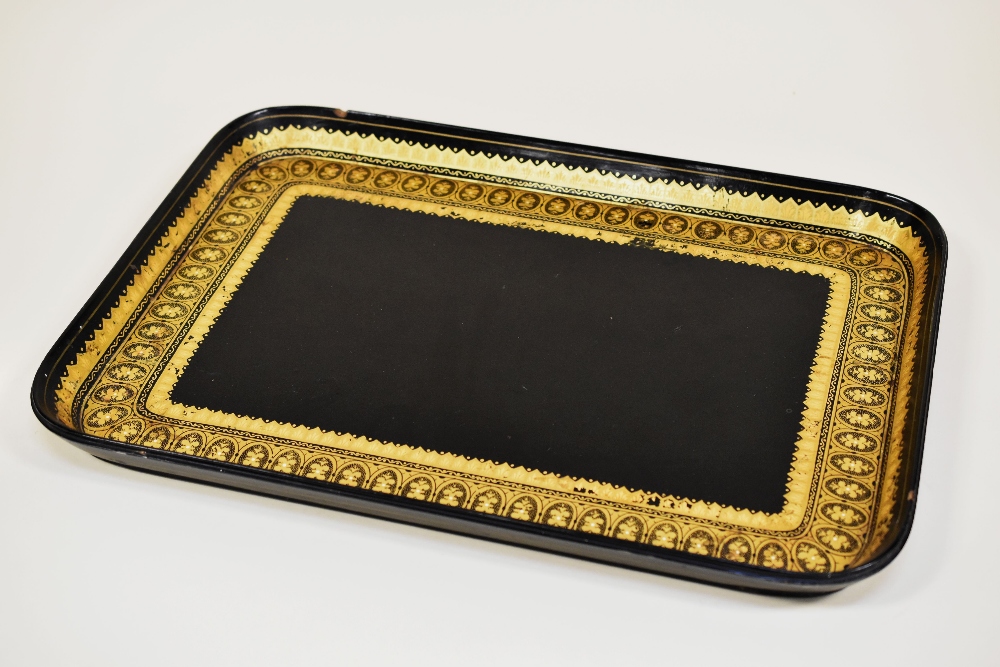 GOOD VICTORIAN LACQUERED PAPIER-MACHE TRAY of rectangular-form with deep gallery and having a