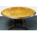 NINETEENTH CENTURY BURR WALNUT AND INLAID TILT-TOP DINING TABLE, 95 x 105 cms