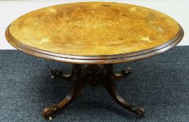 NINETEENTH CENTURY BURR WALNUT AND INLAID TILT-TOP DINING TABLE, 95 x 105 cms