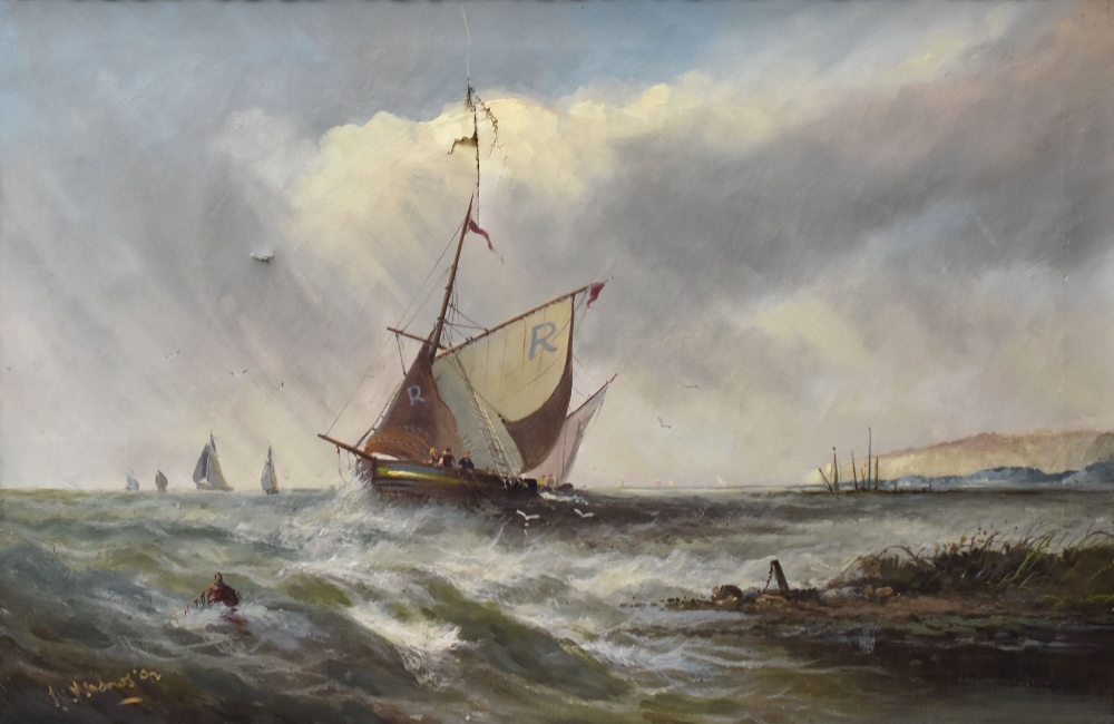 MEADOWS oil on canvas - sailing boat with fisherman off the coast and further sails on the