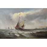 MEADOWS oil on canvas - sailing boat with fisherman off the coast and further sails on the