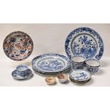 A PARCEL OF ANTIQUE ORIENTAL PORCELAIN comprising four blue and white Chinese plates, 23cms