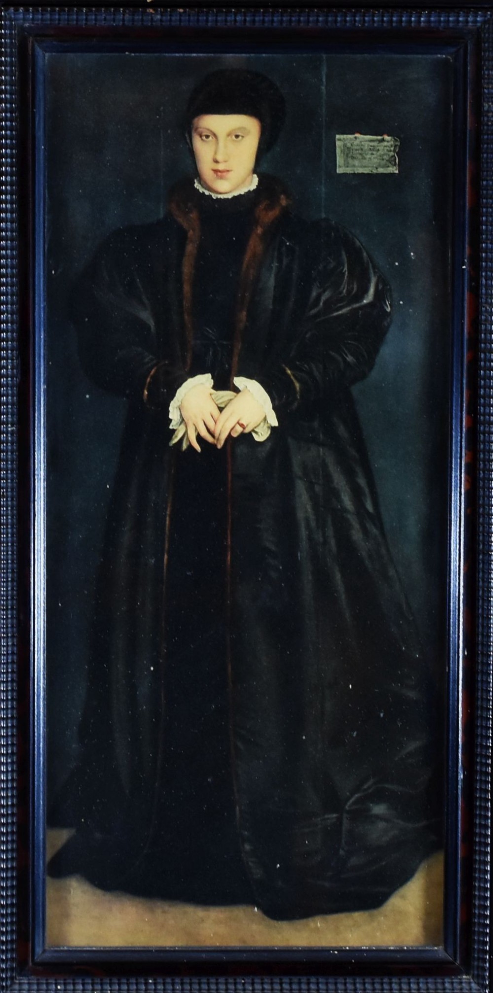 HANS HOLBEIN THE YOUNGER print - full length portrait of a Tudor lady wearing a fur lined black sil