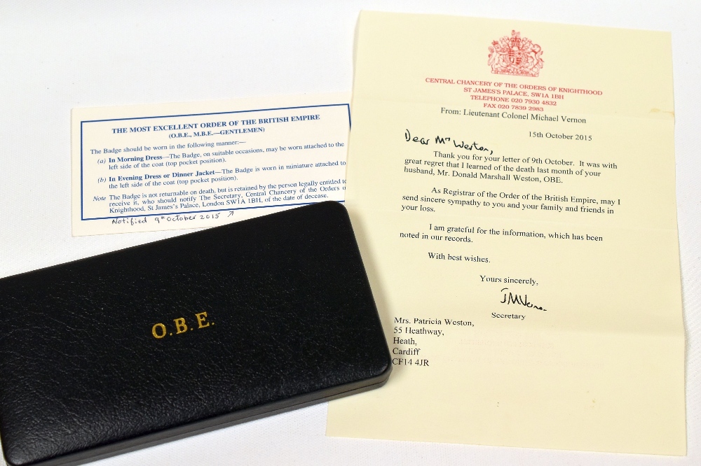 MODERN CASED OBE AWARDED TO MR DONALD MARSHALL WESTON by Toye, Kenning & Spencer, together with card - Image 2 of 2