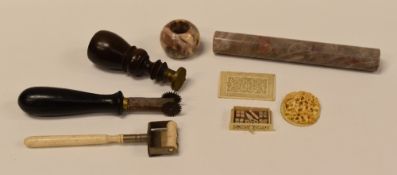 PARCEL OF COLLECTABLES including antique seal, ivory-handled roller, a treen-handled tobacco cutter,