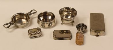 PARCEL OF COLLECTABLES including silver tea-strainer, silver salt etc