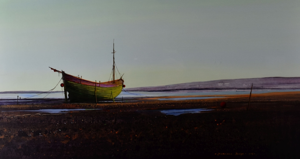 LAURENCE ROCHE oil on card - beached sailing boat, entitled verso 'Ebb Tide February', signed and