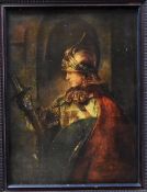 REMBRANDT print - helmeted Pre-Raphaelite style knight holding lance and shield, 62 x 47cms