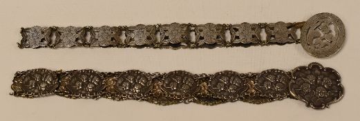 TWO VICTORIAN EPNS BELTS & BUCKLES, one with fourteen linked cameos of angels, the other in a floral