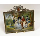 GEORGE MORLAND miniature painting on panel (possibly ivory) - figures in a garden, entitled verso '