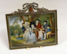 GEORGE MORLAND miniature painting on panel (possibly ivory) - figures in a garden, entitled verso '