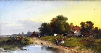 MONOGRAMMIST G.A.W oil on canvas - landscape with cottage, figures, dog and horse-riders, 30 x