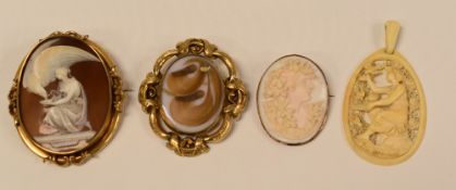 A LARGE CAMEO BROOCH OF MYTHOLOGY WITH ROBED FIGURE FEEDING LARGE EAGLE, in a yellow metal frame,