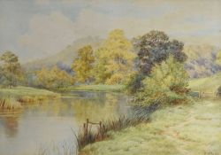 E.H. MARTEN watercolour - pathway along a riverbank with hares playing, signed, 37 x 51cms