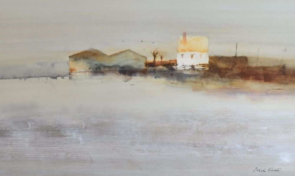 COLIN KENT watercolours - 1. farm building entitled verso 'The Barn', signed, 32 x 46cms 2. moored - Image 3 of 4