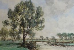 G. LEON LITTLE watercolour - cattle grazing on tree lined riverbank, entitled verso 'On the Wareney,