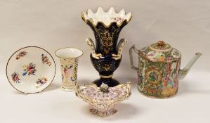 FIVE ITEMS OF PORCELAIN comprising Derby spill-vase, gilded and painted with flowers and flared