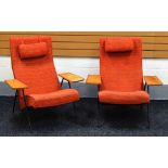 A PAIR OF METAL FRAMED WOODEN ARMED 60s ROBIN DAY DESIGNED ARMCHAIRS, 97 x 89 cms