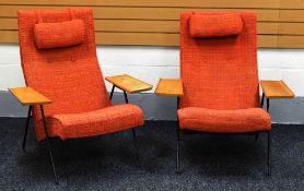 A PAIR OF METAL FRAMED WOODEN ARMED 60s ROBIN DAY DESIGNED ARMCHAIRS, 97 x 89 cms