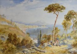 ANDREA VASARI watercolour - view from hilltop across an Italian bay with peasant figures in