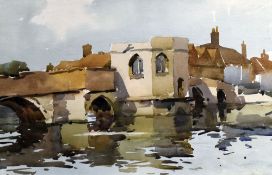 EDWARD WESSON watercolour - ancient 'chapel' bridge, Cambridgeshire, entitled verso on The Mall